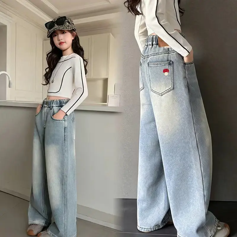 Girls Spring Autumn Jeans with Pocket Embroidery Bow New Style Loose Wide Leg Trousers Children's Straight Leg Denim Pants