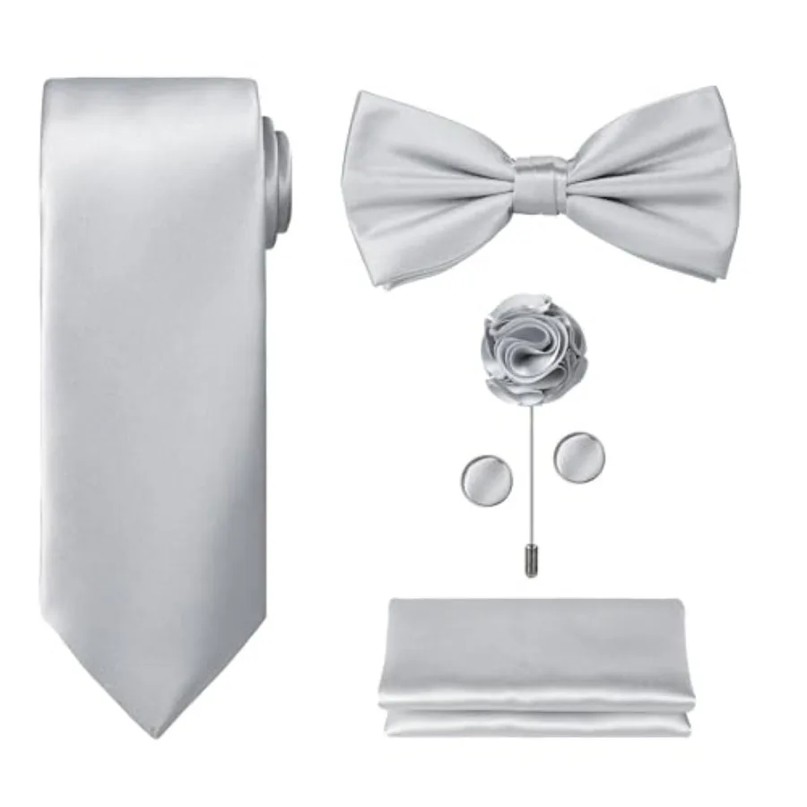 Set de 5 Corbatas TIE G en CAJA DE REGALO BLANCA O NEGRA: Corbata de Color Sólido, Pajarita de Satén, Pañuelo de Bolsillo, Solapa, Gemelos