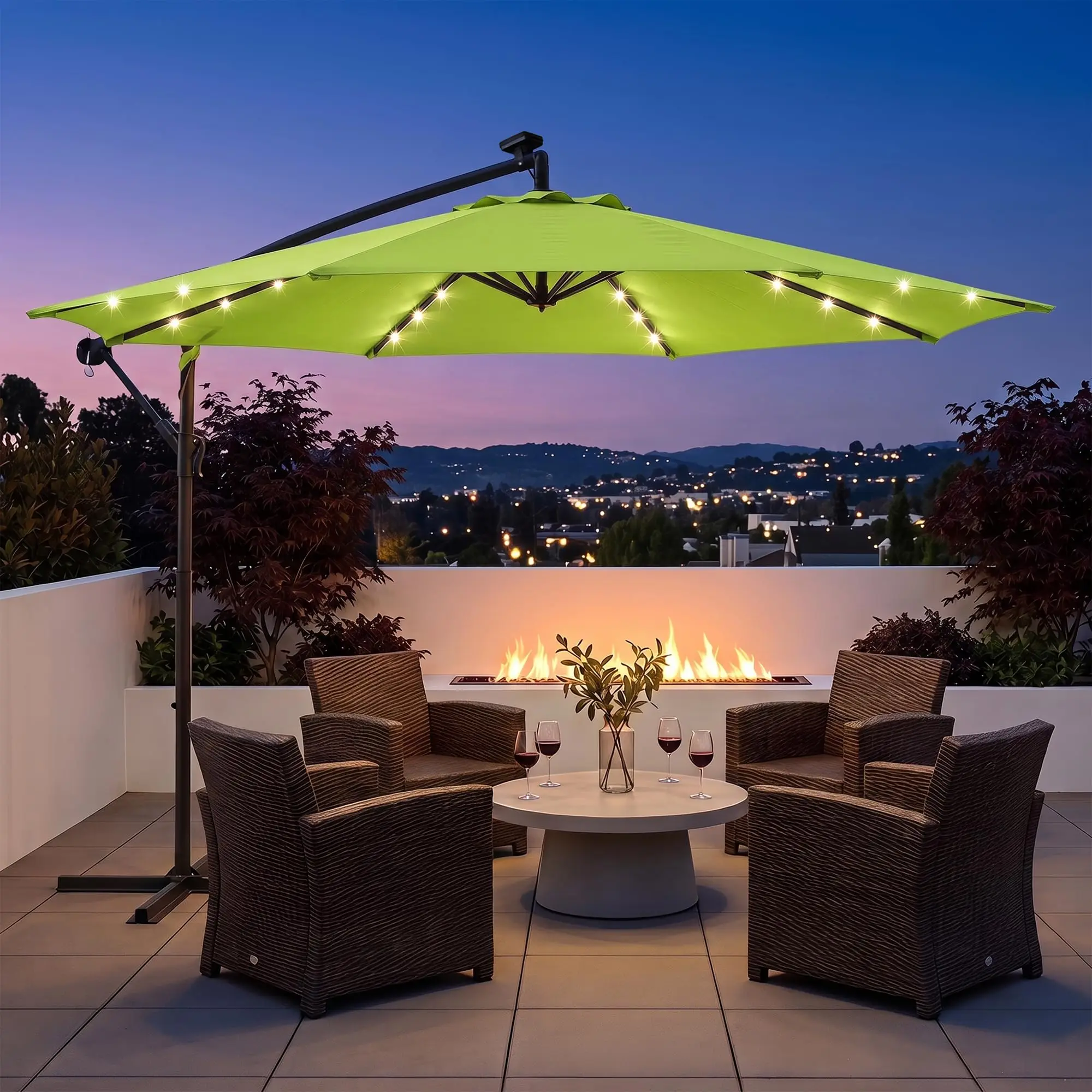 10ft LED Offset Patio Umbrella, Cantilever Shade, Green