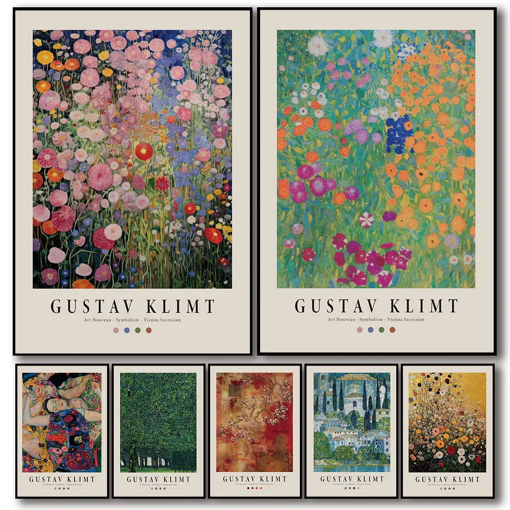 Gustav Klimt Golden Flower Garden Poster Painting Canvas Print Wall Art For Modern Living Kitchen Dining Room Home Decor