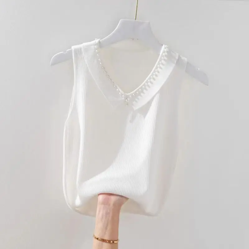 Ice Silk Camisole Female Doll Collar Covering Belly Fat Mm Heavy Industry Nailed Beads Solid Color Sleeveless Top S-3XL