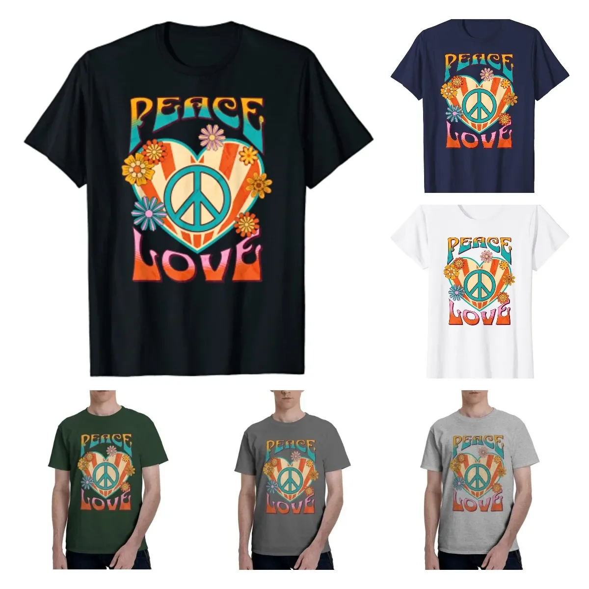 Peace Love Peace Sign 60s 70s Hippie Style T-Shirt Men Clothing Cotton Casual Daily Four Seasons Tees Shirts for Men