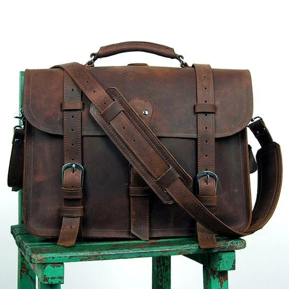 Vintage Crazy Horse หนังผู้ชายกระเป๋าเอกสารธุรกิจกระเป๋าหนังขนาดใหญ่กระเป๋าเอกสารชาย 15.6 "แล็ปท็อปไหล่กระเป๋า Office