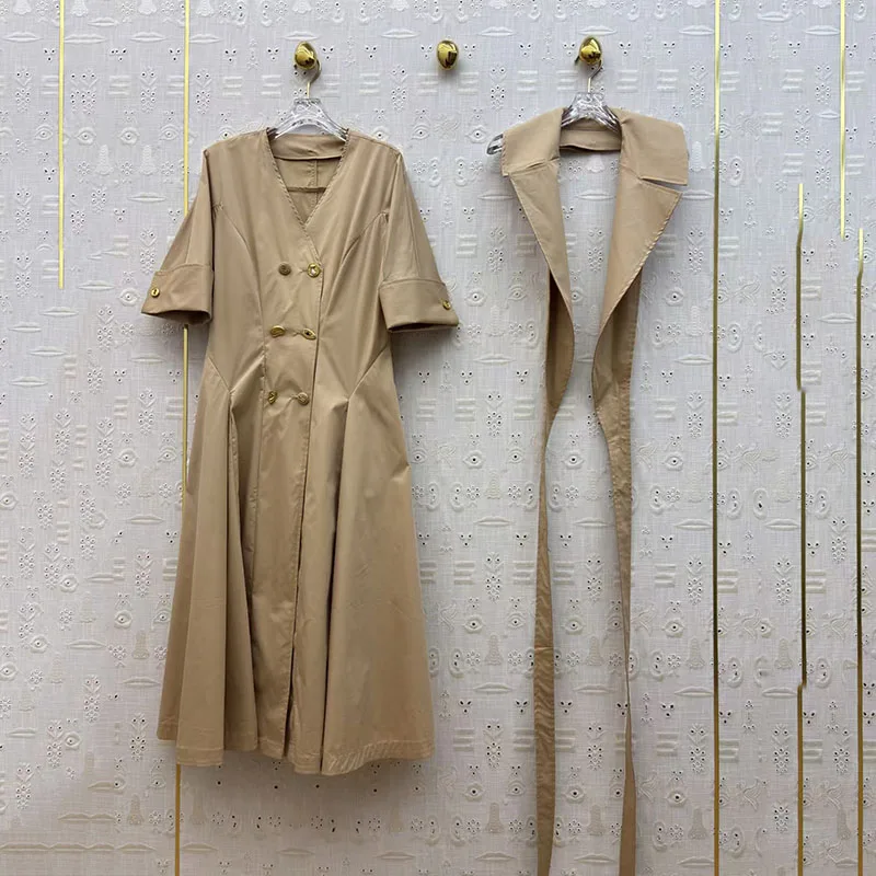 Women's Classic Trench-Style Dress, V-Neck, Waist-Cinched A-Line Maxi Dress, 2026, New Arrival Lapel Double-Breasted Coat, Y2K