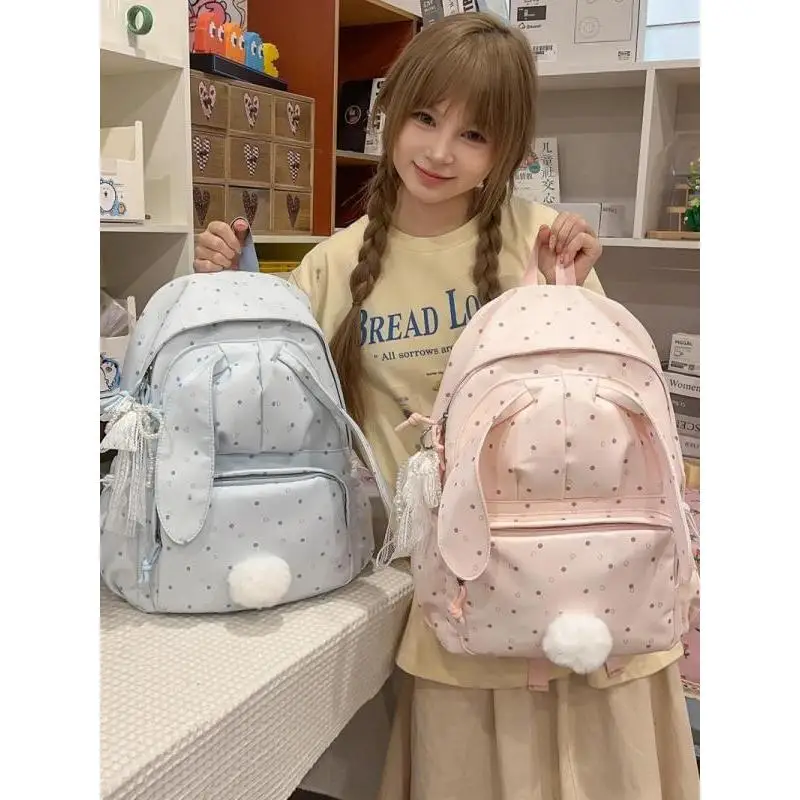 Cute Rabbit Ear Backpack Polka Dot Print Student Schoolbag Large Capacity Casual Rucksack With Pom Pom Pearl Lace Bow Decoration