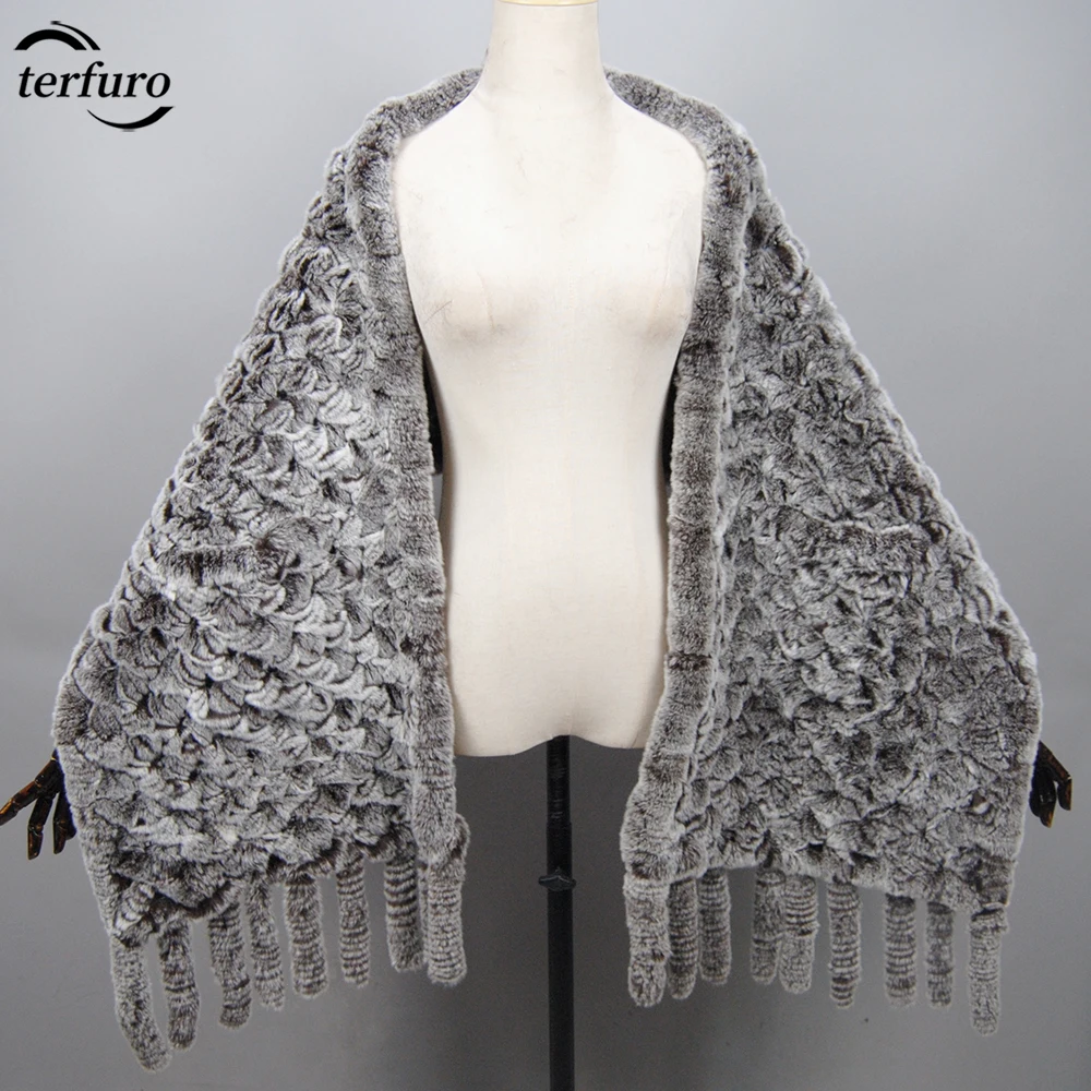 2023 New Winter Women Knitted Real Rex Rabbit Fur Scarf Women Brand Wide Natural Rabbit Fur Tassel Shawl Neck Warm Long Scarves