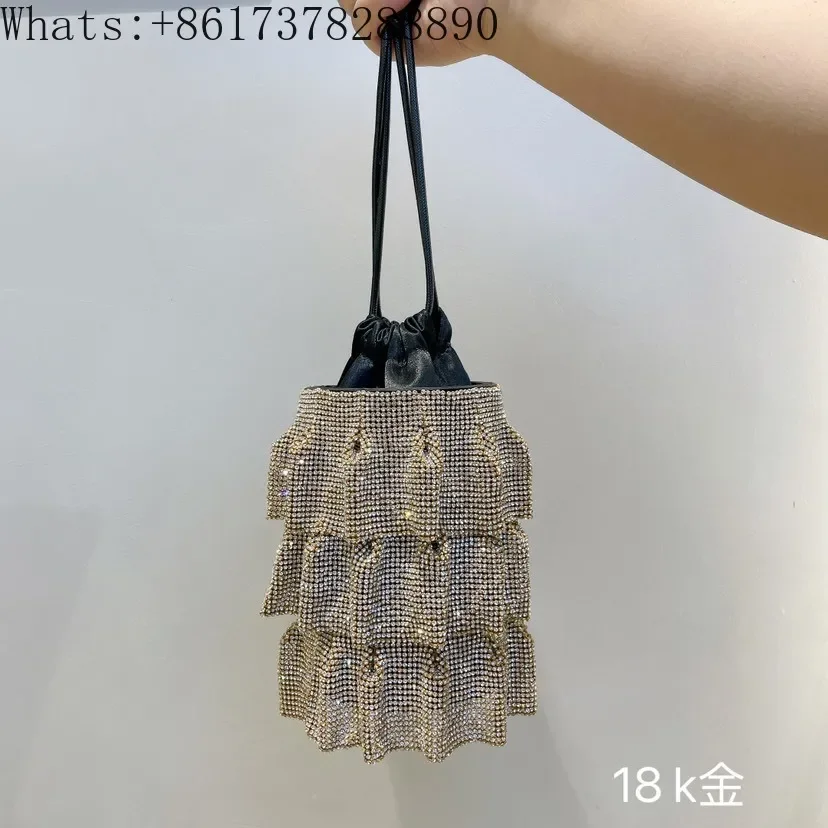 Small fresh diamond-encrusted rhinestone chain pleated bucket bag and cross-body bag on one shoulder