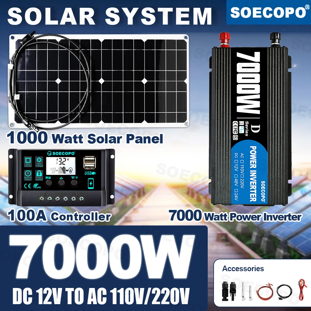 Off grid set 7000W Outdoor Solar Kit | 110V/220V Inverter (750W Rate) 100A Controller For Disaster Relief/Van Life/Durable/Home