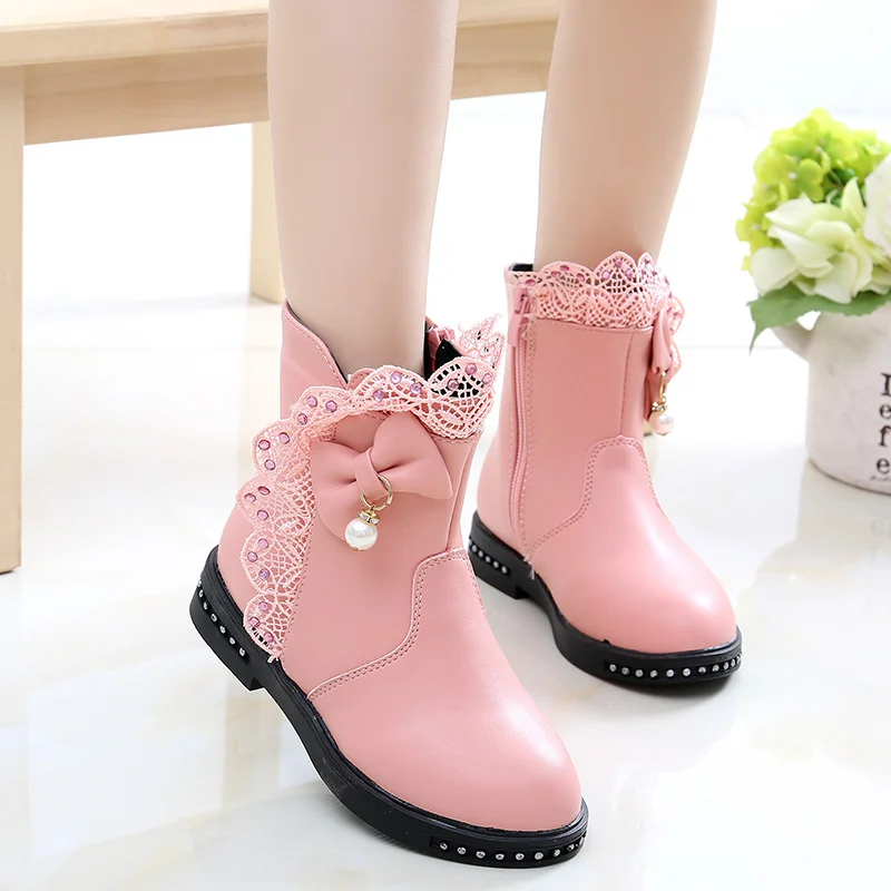 Autumn/Winter ZIP Fashion Cool Baby Girls Warm Lace Bow Beaded Square Heel Round Toe Casual Comfortable Kids Mid Boots