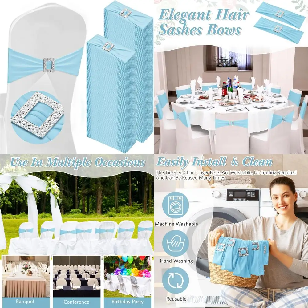 

150 Pcs Spandex Chair Sashes with Square Buckle Slider, Stretch Chair Cover Bands, Elastic Ties Straps Bows for Wedding, Banquet