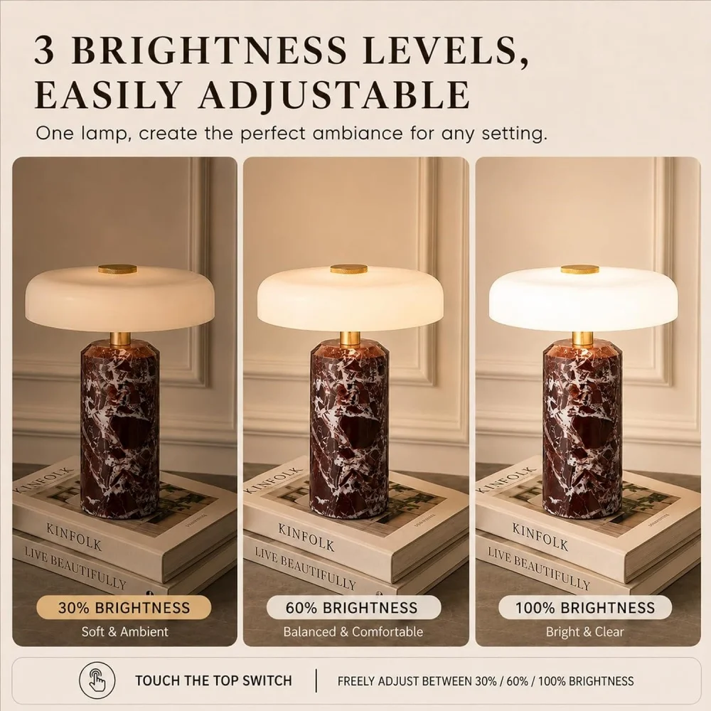 Marble Table Light Portable Rechargeable Table Lamp Glass Lampshade Touch Dimmable Desk Lamp Living Bedroom Bedside Study Cafe