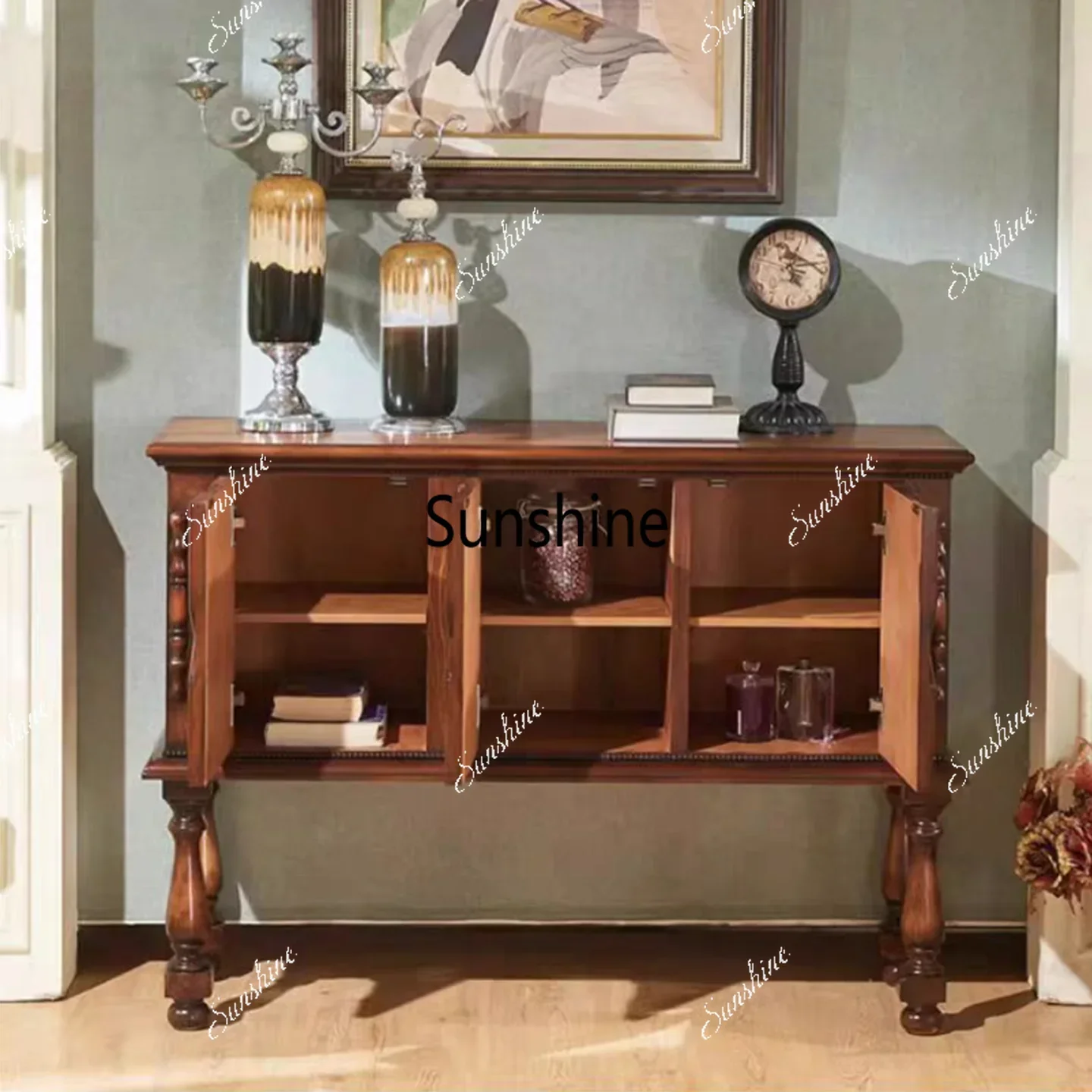

American retro style solid wood dining side cabinet carved storage cabinet living room decoration cabinetTJ