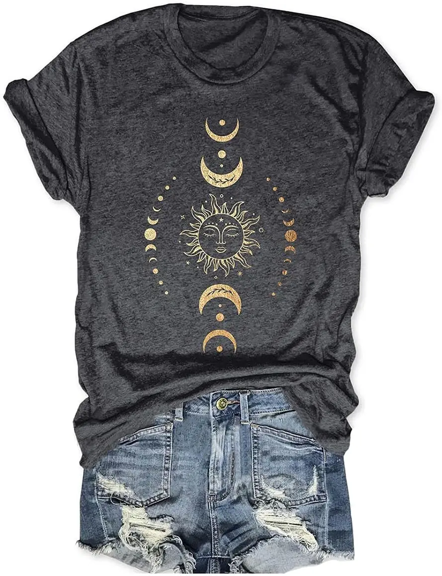 Women Sun and Moon Summer T Shirt Casual Short Sleeve Loose Fit Tops Funny Graphic Tee