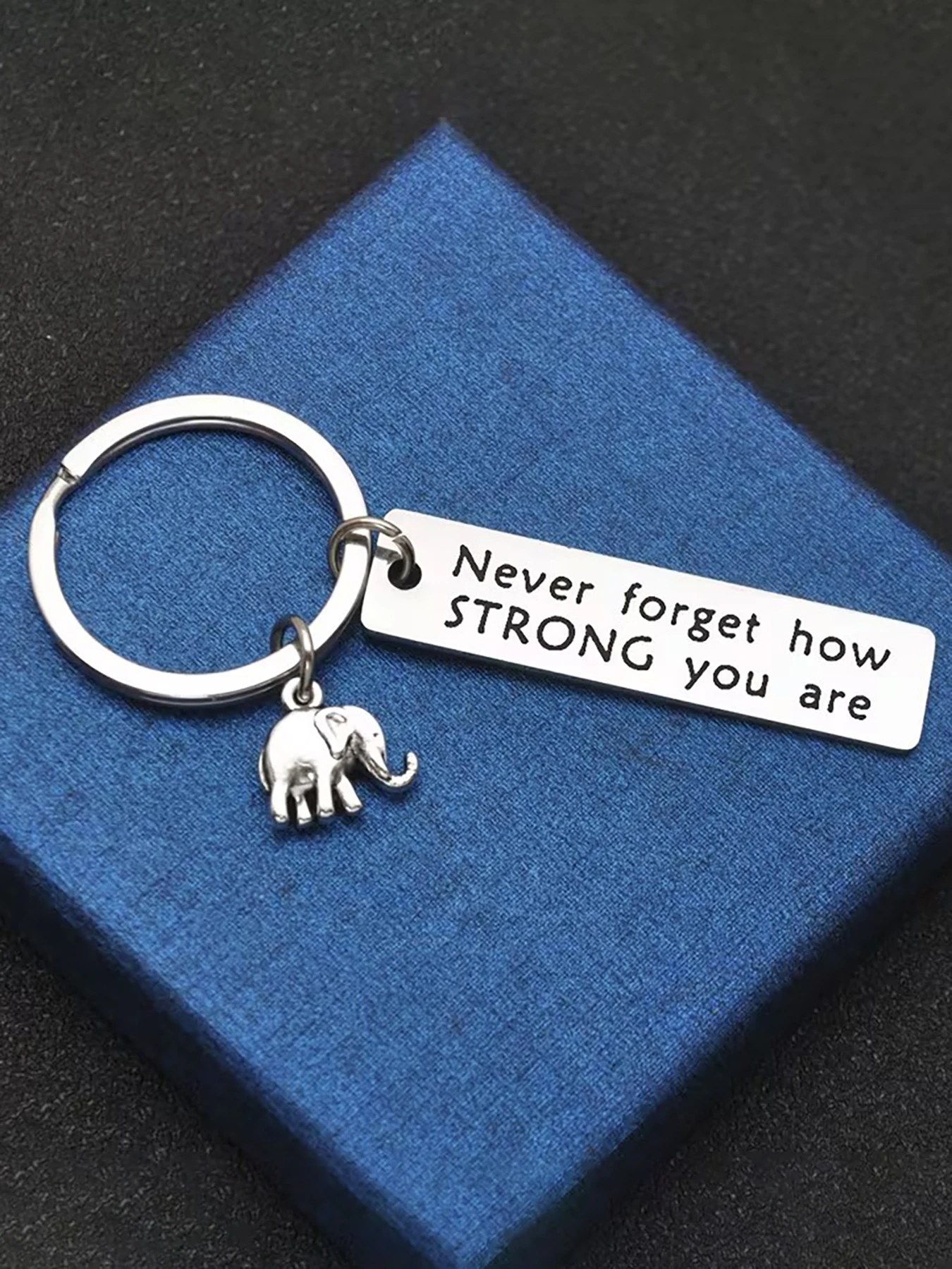 

Stainless Steel Inspirational Elephant Keychain Engraved "Never forget how strong you are", Smooth Shiny Accessory, Motivational