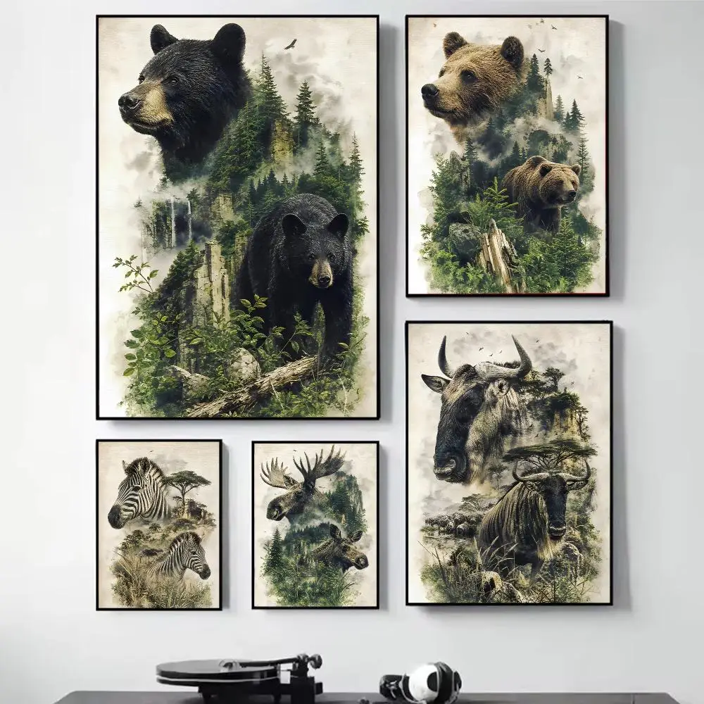 Double Exposure Wildlife Arts Painting Calligraphy Self Adhesive Wall Art Waterproof Print For Bedroom Hallway Home Decor
