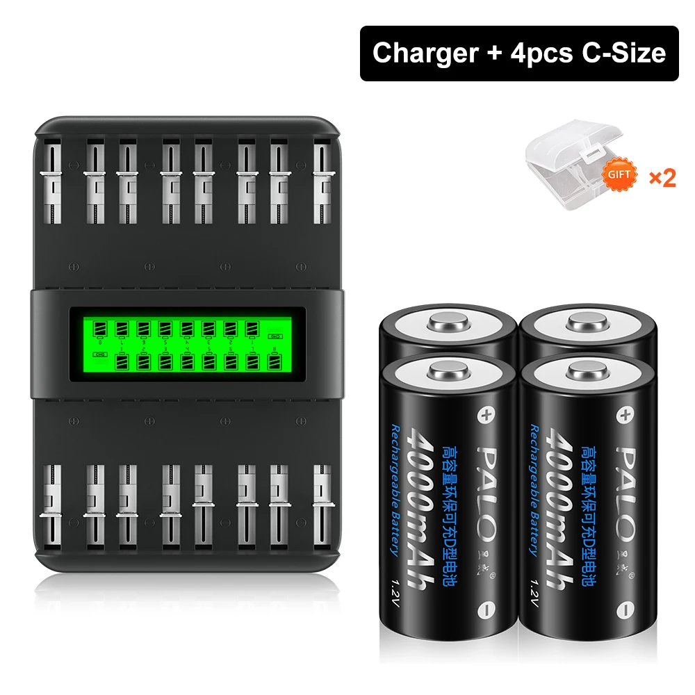 

PALO 1.2V C Size NIMH Rechargeable Battery LR14 Battery R14 Type C Batteries With 16 Bays 1.2V AA AAA C D Size Battery Charger