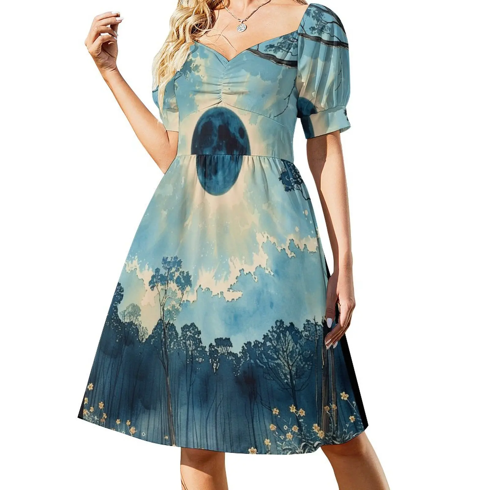 Eclipse over Pine Woods in Watercolor Short Sleeved Dress Dress for girls women's elegant loose dresses Dress