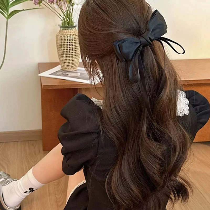 Satin Bow Hairpins Temperament Headwear Solid Color Pearl Hair Clips For Women Girls Ponytail Hair Accessories