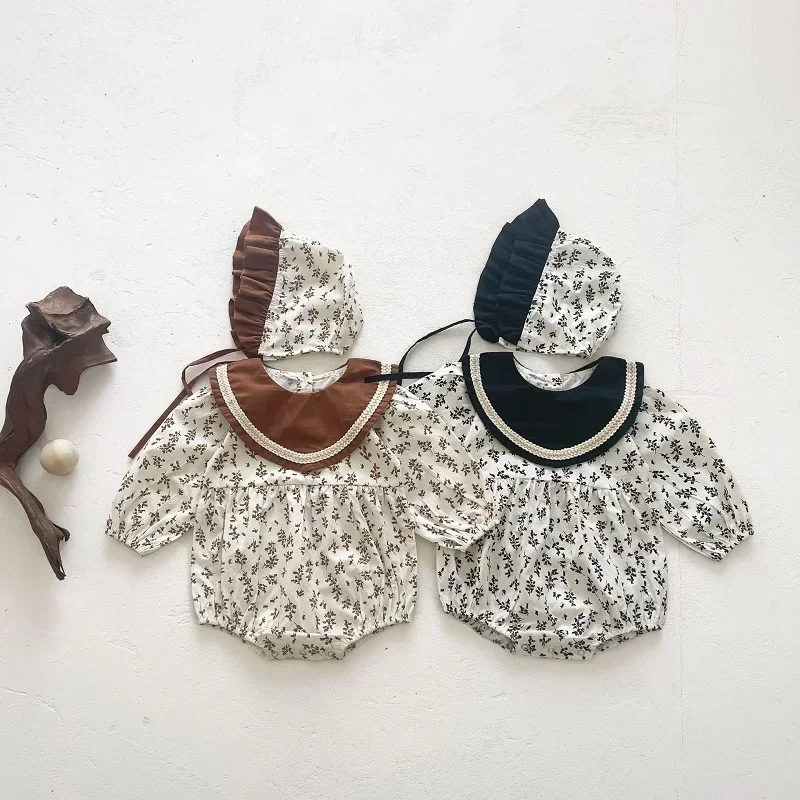 

2025 Autumn Newborn Baby Girl Clothes Long Sleeve Bib Collar Flower Hat 2PCS Princess Bodysuit Outwear Birthday Costume