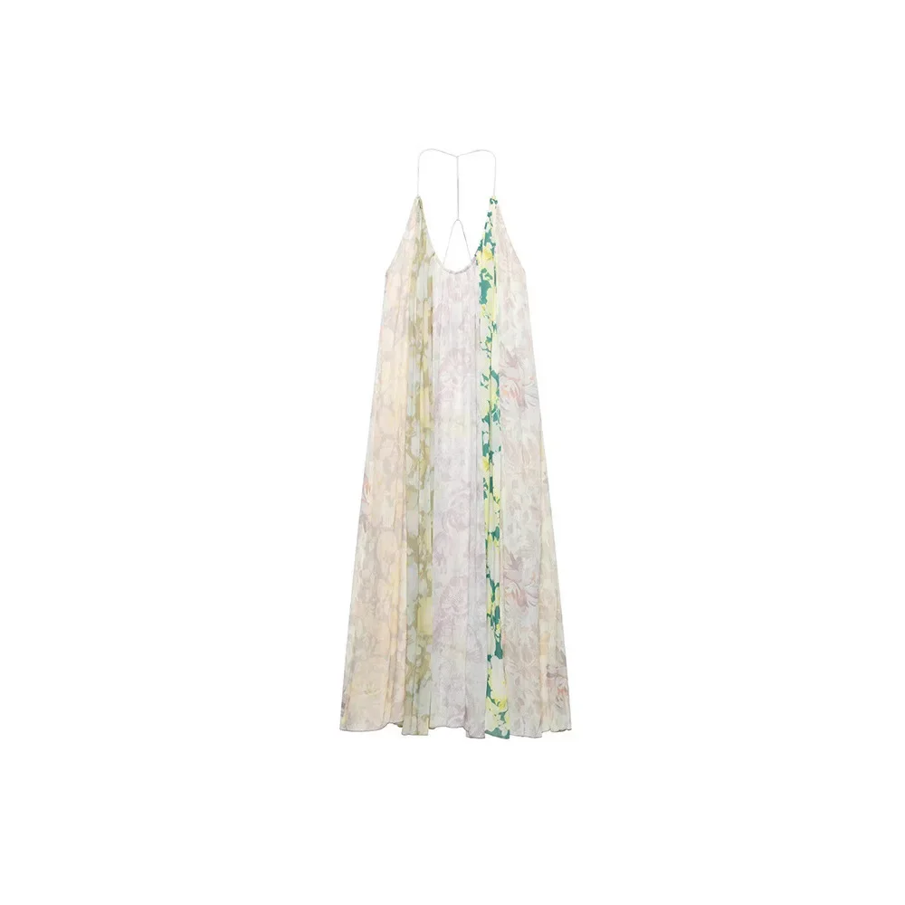 PRINTKAOIR Seaside Vacation Style Stunning Flower Print Patchwork Backless Sexy Suspender Dress Long Skirt