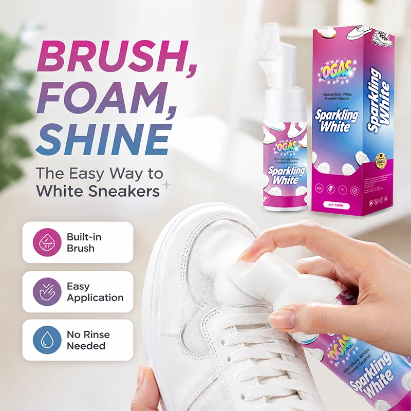 OGAS Sparkling White Sneaker Cleaner Foam, Built-in Brush No Rinse White Shoe Cleaner, Remove Stains Yellowing Scuffs, Gentle Formula for Leather Mesh Sneakers 150ml