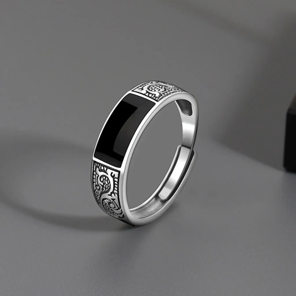 Vintage Faux-Onyx-Ringe für Herren, Edelstahl, verstellbarer offener Ring, silberfarben, modischer Punk-Schmuck, Geschenk – Detail 5