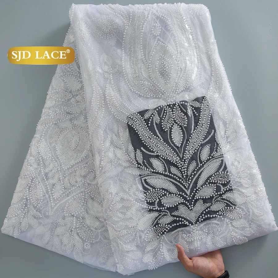 

SJD LACE White Beaded African Lace Fabric 5Yards 2026 Luxury Nigerian French Net Sequins Lace for Women Wedding Dresses Sew 4905