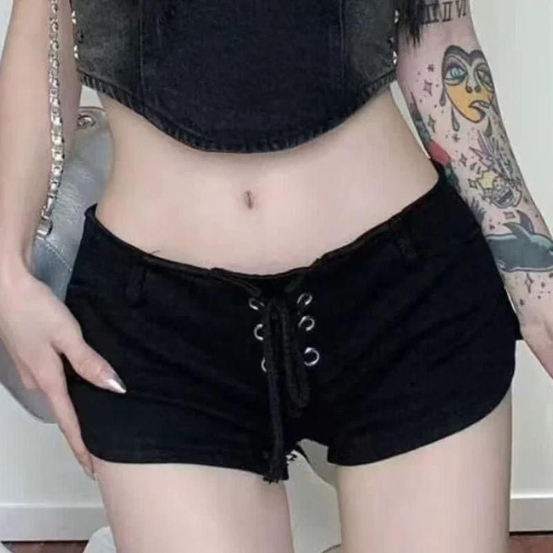 

Джинсовые шорты с низкой талией, женские сексуальные повседневные мини-короткие брюки с повязкой на шнуровке, летняя уличная одежда, популярные девушки, ночной клуб