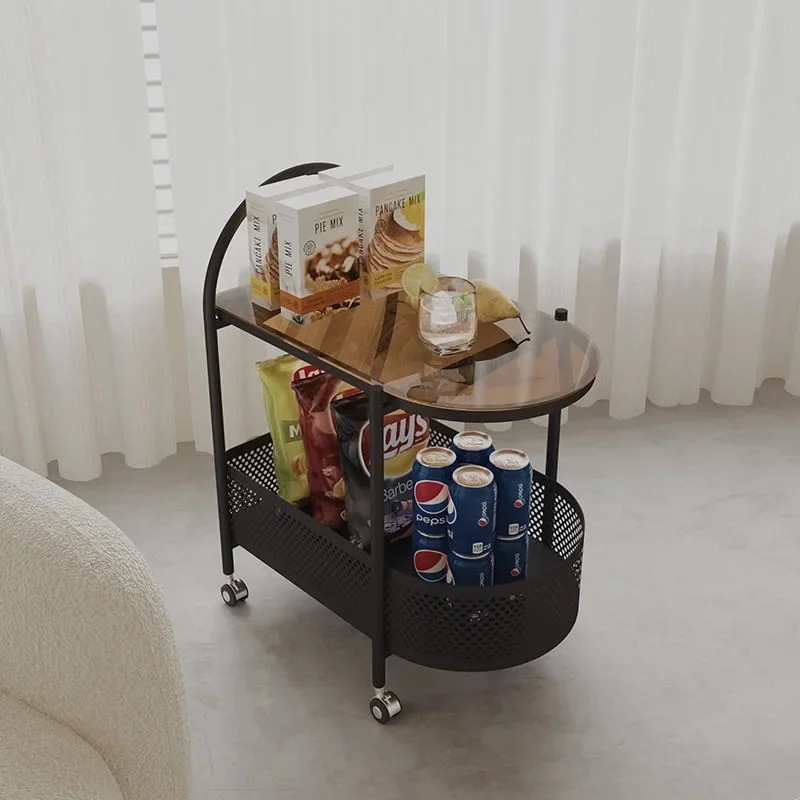 Mobile wheeled antique glass cart, side table, living room, sofa, side cabinet, snack storage shelf, small tea selection