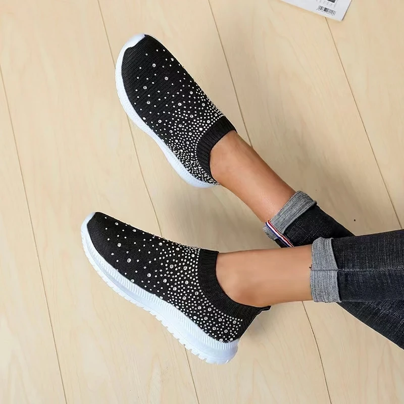 Large Size Rhinestone Elastic Socks Shoes Casual Women\'s Flying Woven Breathable Lightweight Casual Thick-soled Shoes