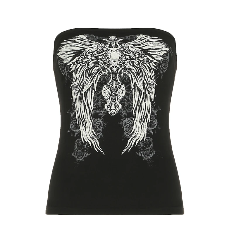 CIBBAR Gothic Print Black Tube Top Women Strapless Skinny Cropped Tops Summer Casual Chic Graphic Tees y2k Streetwear Vest Basic image 5