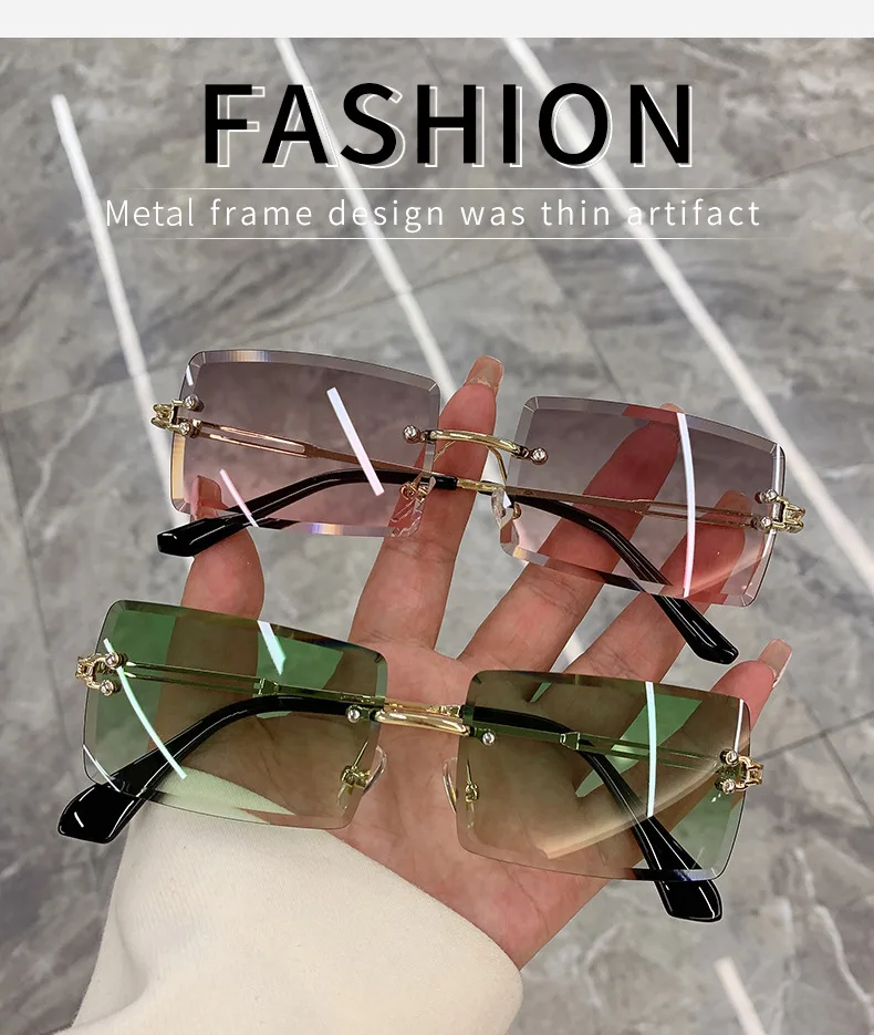 2026 Retro Sonnenbrille für Damen, Markendesigner Randlose Verlaufsgläser, Modische Sonnenbrillen mit Schneidegläsern, Rahmenlose Damenbrillen – Detail 1