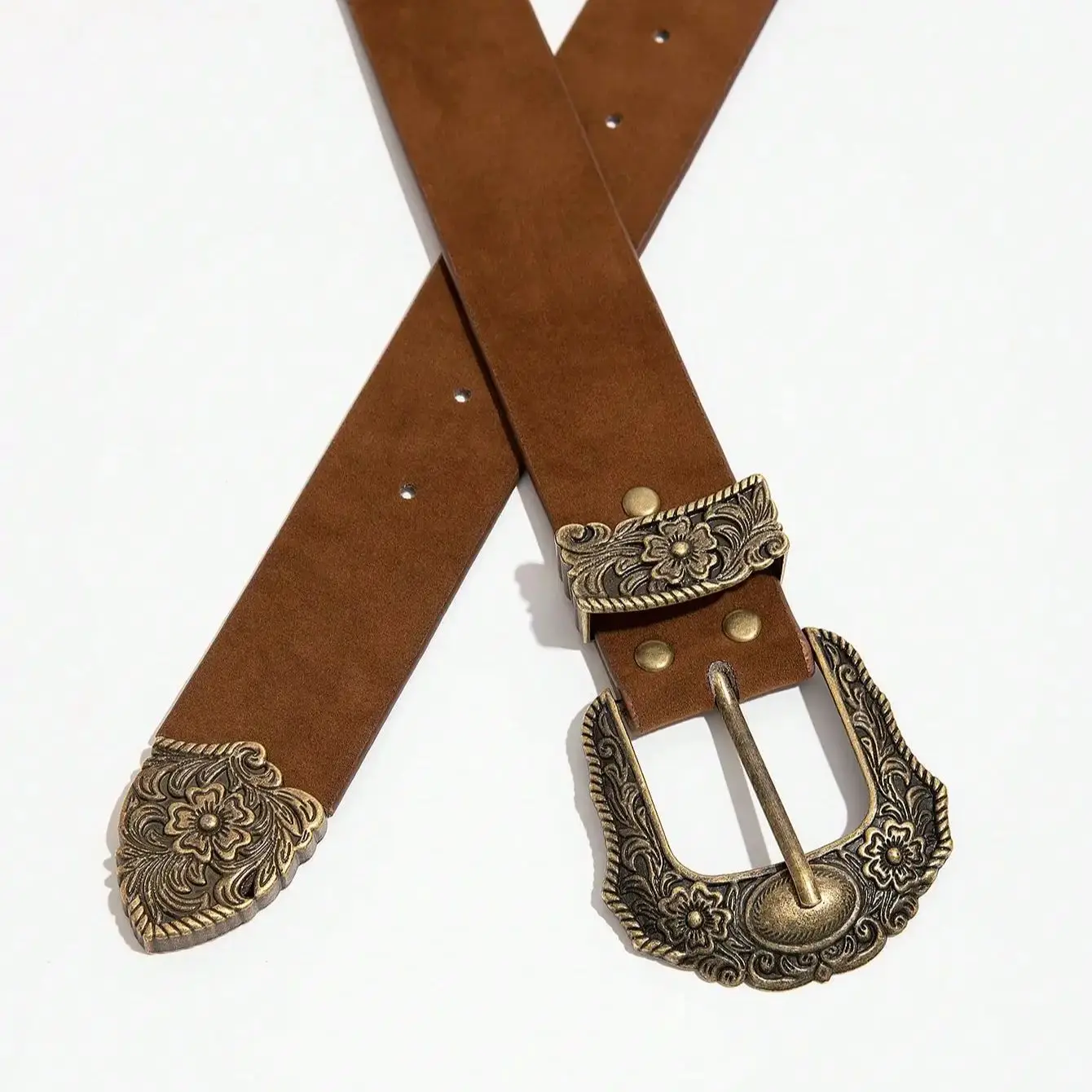 حزام نسائي بني عتيق على الطراز البوهيمي خفيف فاخر عتيق من البرونز محفور على شكل زهرة معدنية بإبزيم معدني حزام مخملي للجينز، إصدار