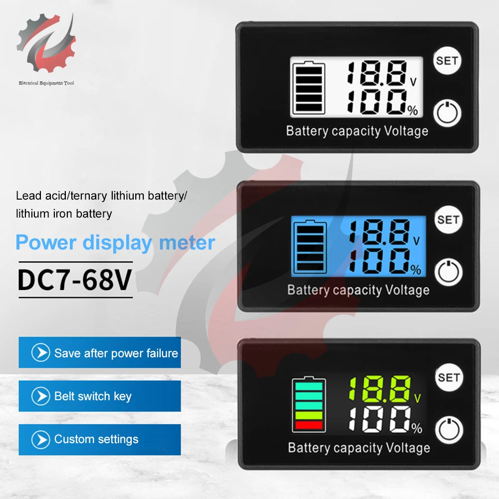 Battery Capacity Indicator DC 7-68V Lead Acid Lithium LiFePO4 Car Motorcycle Multicolour LCD Voltmeter Voltage Gauge 12V 24V 48V