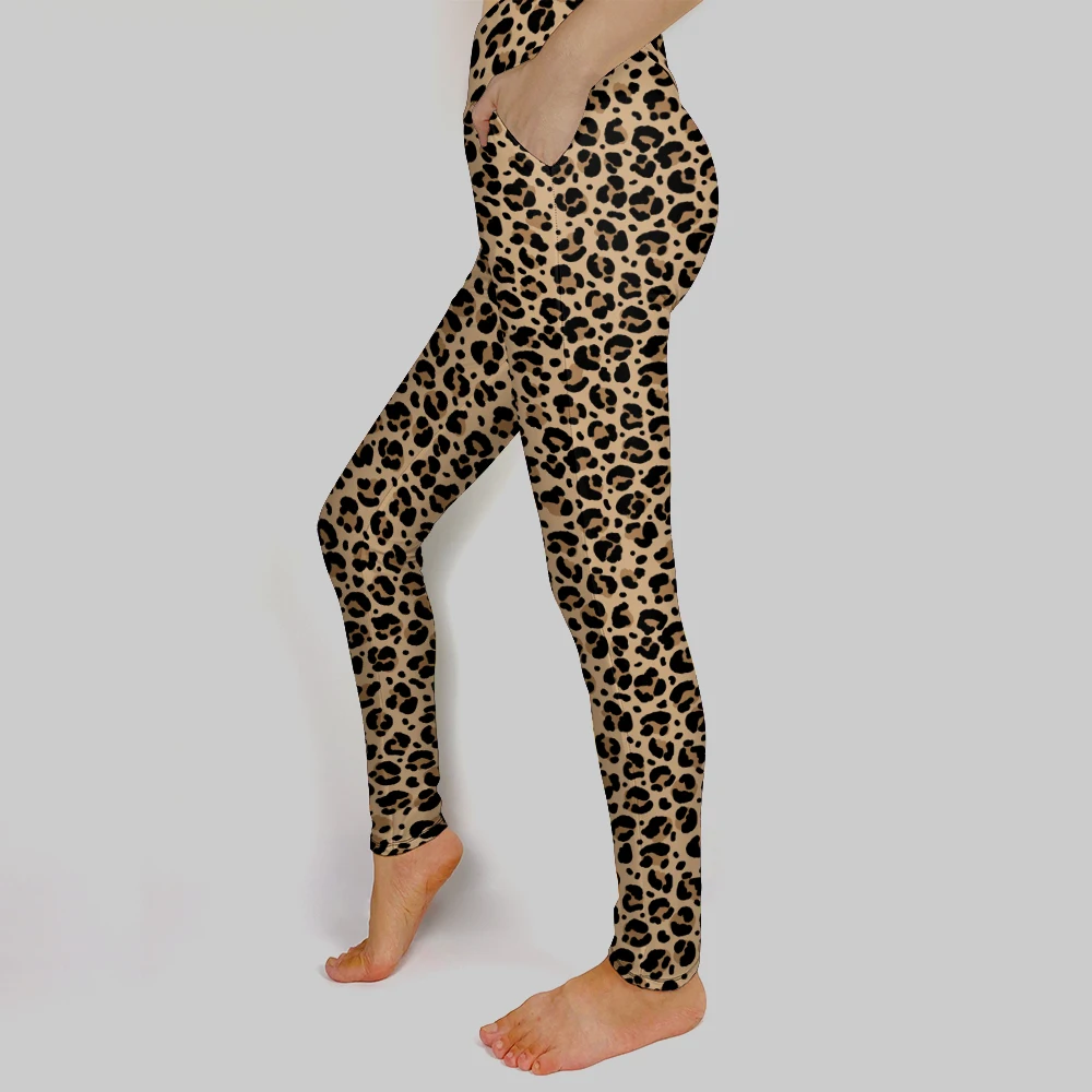 LETSFIND 2023 New High Waist Legging Brown Leopard Print Pockets Fitness Women Pants High Elastic Soft Inside Pockets Legging