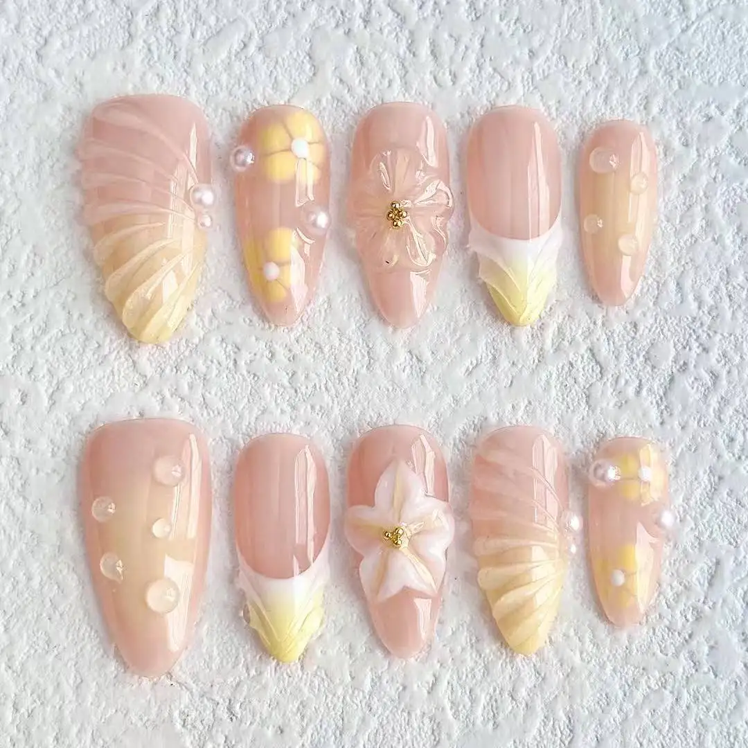 

New 3D Embossed Nail Art Handmade Almond Length Floral Sculpture Series False Nails press on nails Mandarin duck