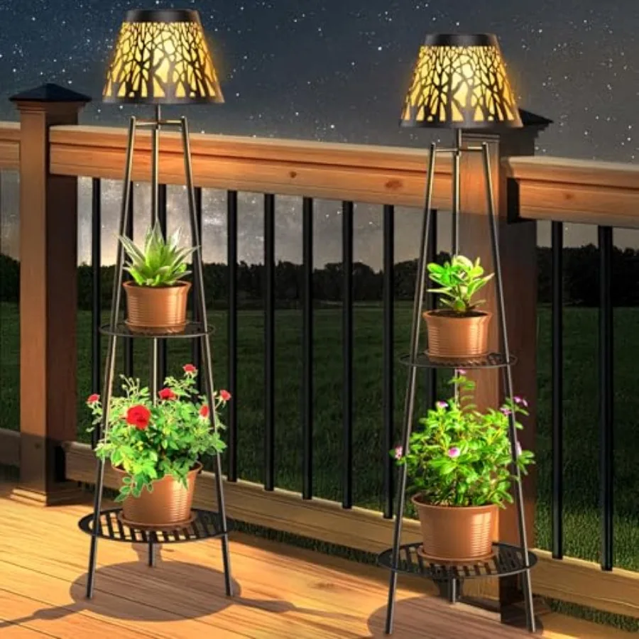 2 Pack Outdoor Solar Floor Lamp with Plant Stand Waterproof Metal Garden Lights with 2-Tier Shelves Decorative LED Cordless Pat