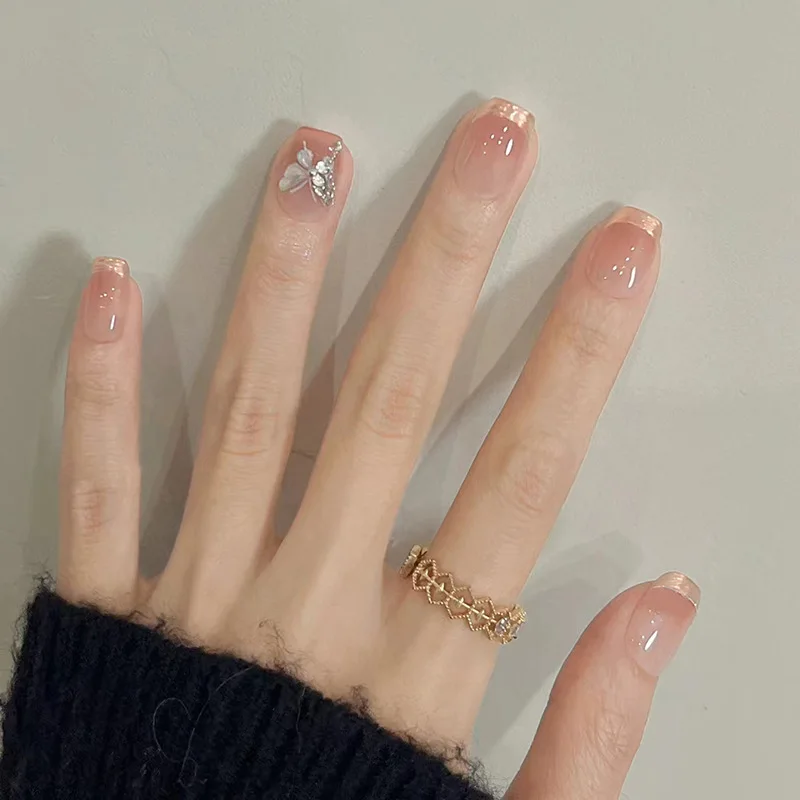 24Pcs Cat's Eye Simple Glitter Nails Tips Diamond Flower Decor Nude Ballet Press on False Nails Art Short Lines Design Fake Nail view 2
