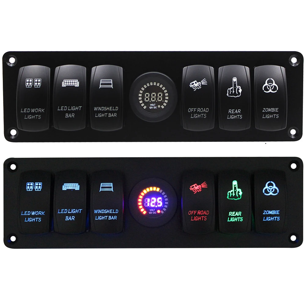 6 Gang Circuit Breaker Colorful LED Voltmeter 12V/24V RV Car Marine Boat Switch Panel LED Switch Panel for RV Car Marine Auto