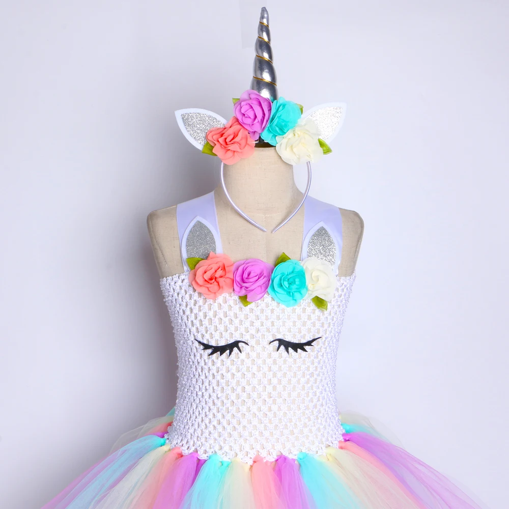 Girls Princess Unicorn Tutu Dress Outfit Pastel Flowers Baby Girl Birthday Party Dresses Tulle Kids Halloween Cosplay Costumes