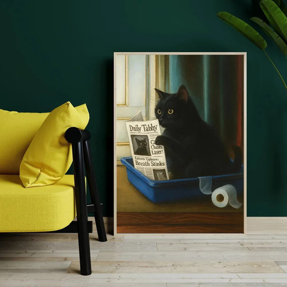 Black Cat Reading Newspaper on Toilet Wall Art Print, Funny Black Cat Bathroom Canvas Painting Quirky Kitty Toilet Paper Print