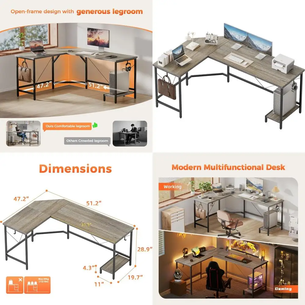 

L-Shaped 50 Gaming Desk with CPU Stand and Hooks, Grey - Ideal for Home, Bedroom, and Office