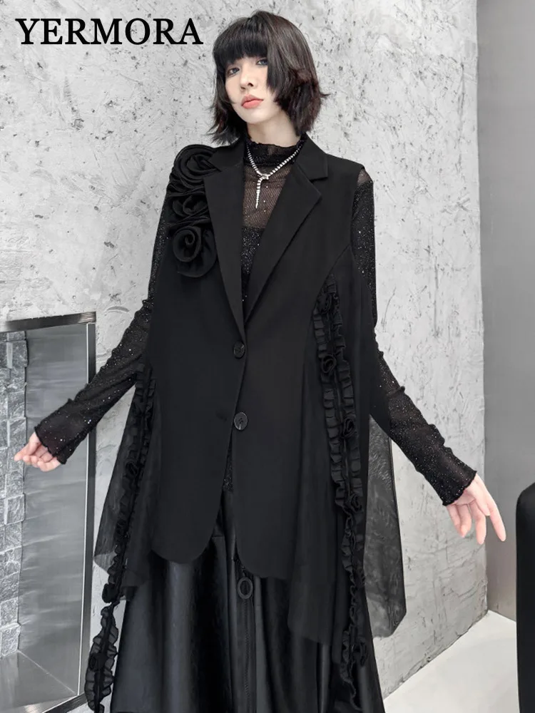 YERMORA Women Black Irregular Ruffles Big Size Long Elegant Vest New Lapel Sleeveless Fashion Tide Spring Autumn 2024 A75