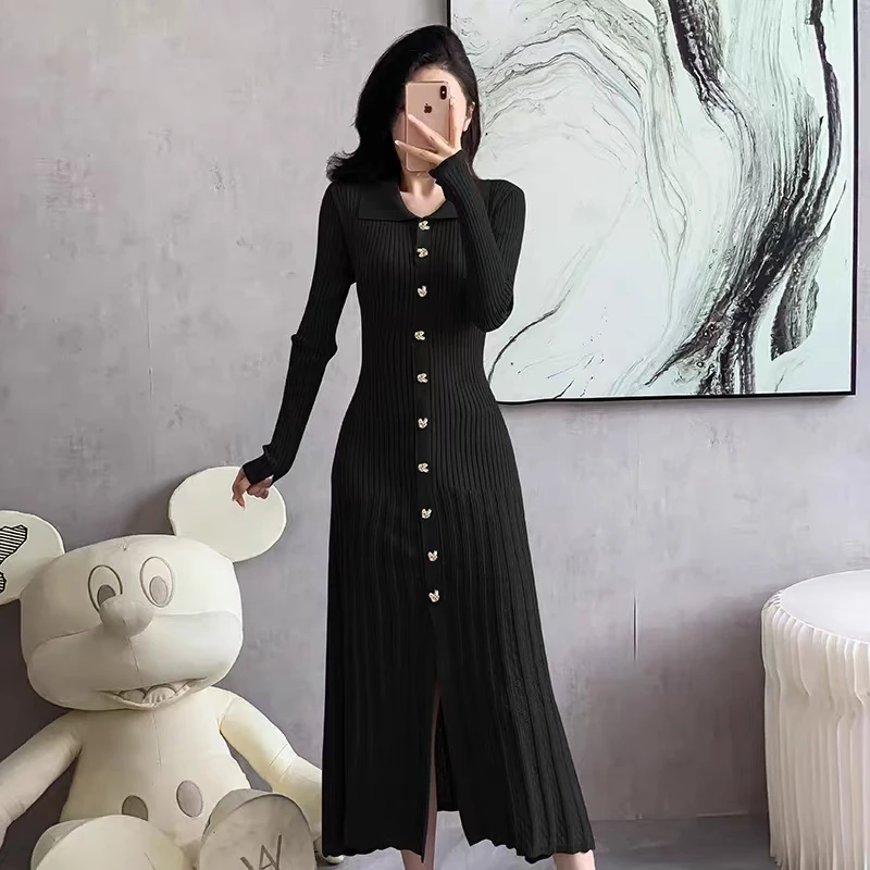 

Spring And Autumn New Style Simple And Atmospheric Knitted Lapel Slim Fit Single Breasted Fashionable Women's Long Sleeved Dress