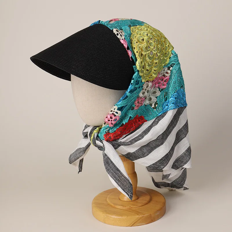 日本の高品質レトロレーススプライシング太陽の帽子女性の夏の海辺の休暇日焼け止め多用途ストラップスカーフキャップ