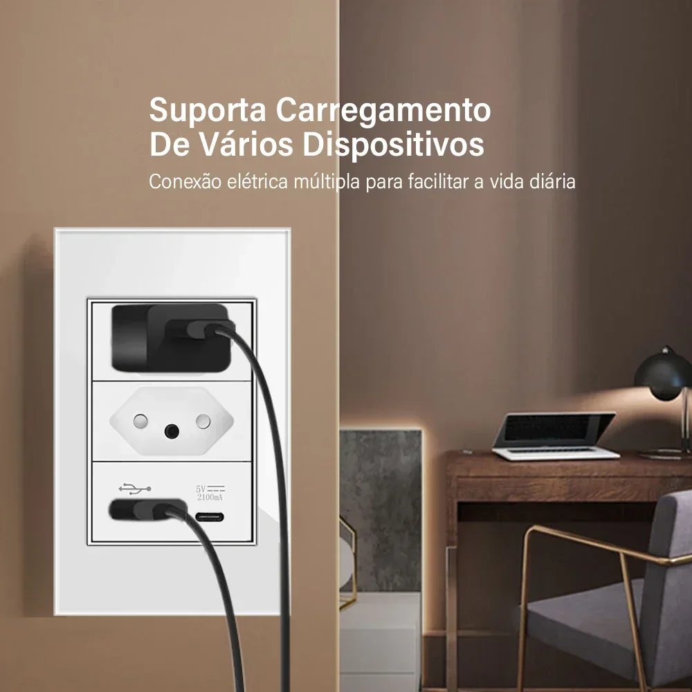 DELEFU 4*2 vidrio templado blanco Brasil salida estándar Dual Usb tipo C enchufe de pared interruptor de luz Suiza 10A 20A