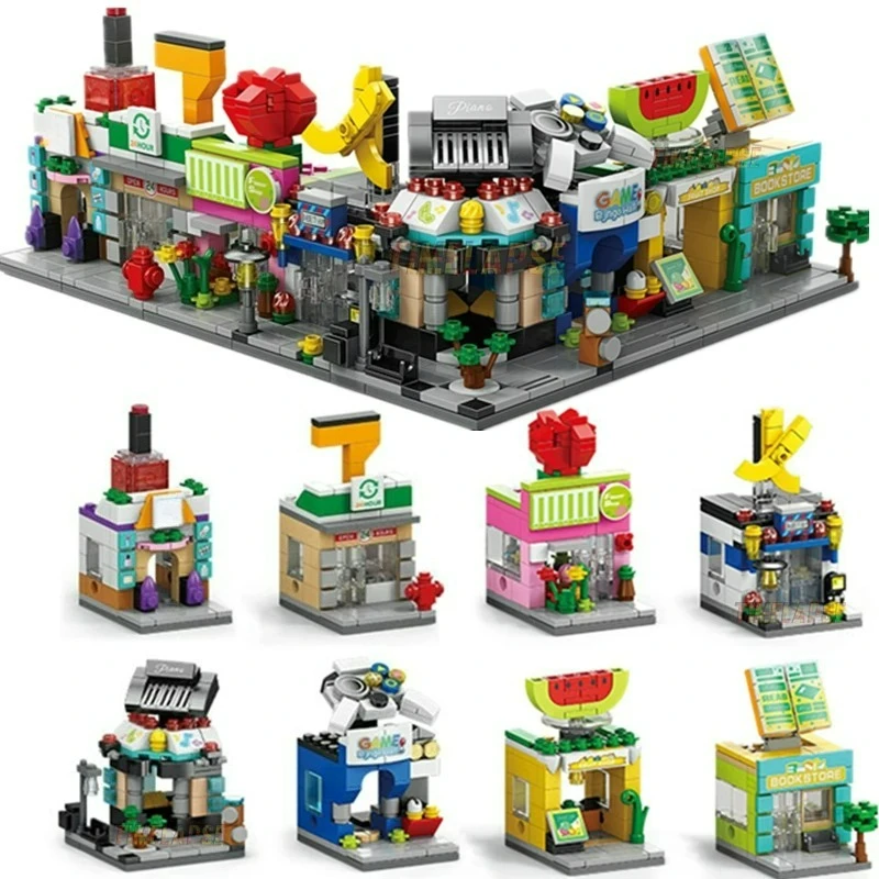 

NEW DIY Makeup Convenience Store Flower Shop Hair Salon Piano Game Hall Fruit Bookstore Building Blocks Bricks Movie Model Toy