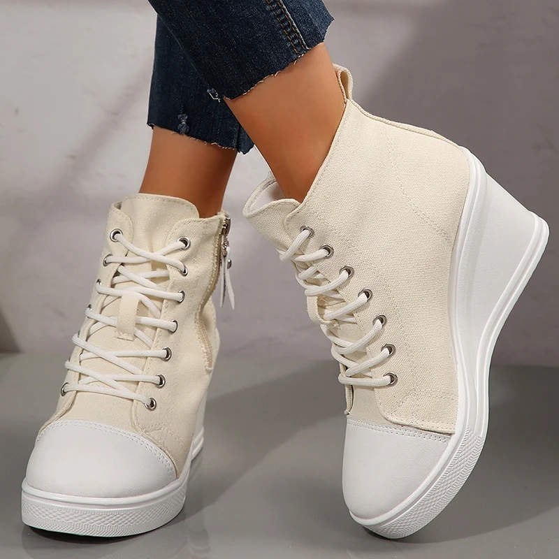 Leichte Keil-Turnschuhe für Damen, modische Plattform, hohe Segeltuchschuhe, Damen-Reißverschluss, Schnürung, lässige Wanderschuhe in Übergröße