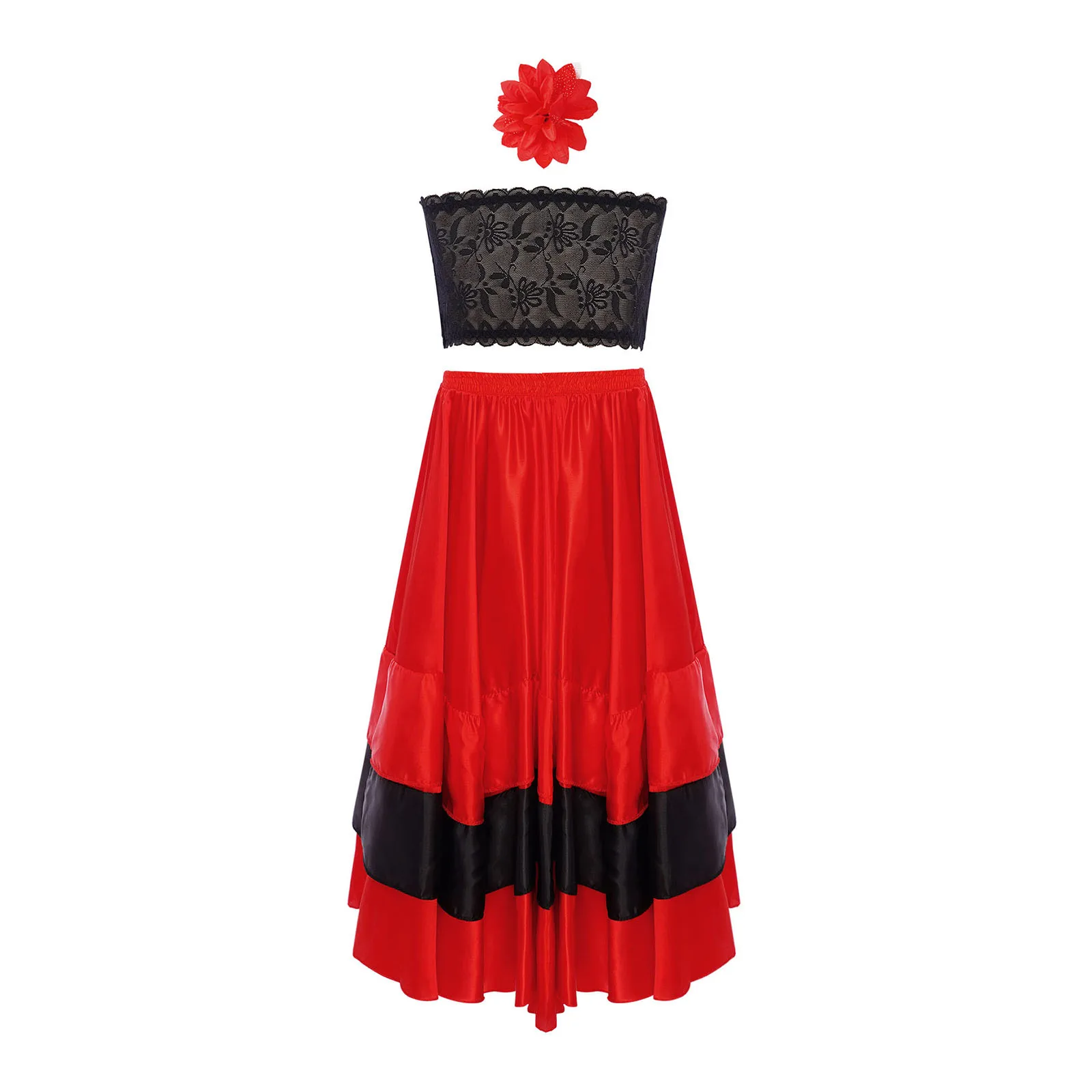 Crianças meninas flamenco espanhol tango salão de baile dança latina desempenho traje renda tubo superior com em camadas plissado tourada saia