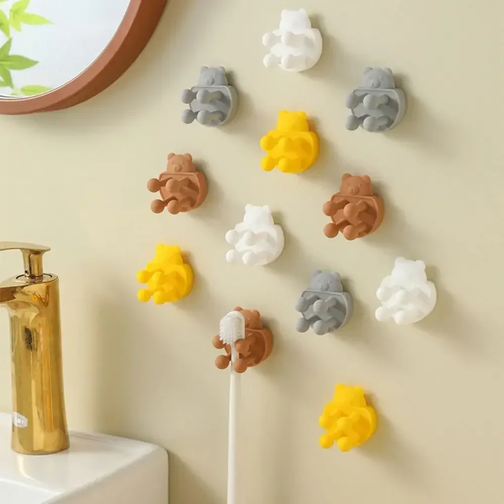 Cute Self Adhesive Toothbrush Holder Wall Mounted Storage Rack Razor Holder Teddy Bear Shape Silicone Shower Hanging Towel Hook